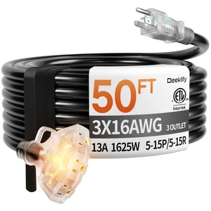 50FT 16 Gauge Black Outdoor Extension Cord with Multiple Outlets | 3 Outlet Black Extension Cord 50 Feet, Indicator Light & Hook, Flexible Waterproof SJTW, 13A 1625W, ETL Listed, Home/Garden 50FT 16 Gauge Black Outdoor Extension Cord with Multiple Outlets | 3 Outlet Black Extension Cord 50 Feet, Indicator Light & Hook, Flexible Waterproof SJTW, 13A 1625W, ETL Listed, Home/Garden