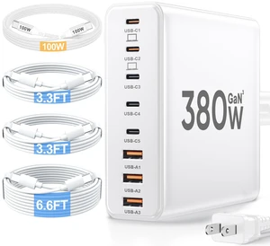380W USB C Charger Block with 4 USB Cables Dual 100W Charging Station | 8-Port USB C Charging Station Laptop Charger Fast Type C Charging Block 380W USB C Charger Block with 4 USB Cables Dual 100W Charging Station | 8-Port USB C Charging Station Laptop Charger Fast Type C Charging Block