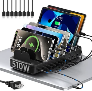 510W Fast Charging Station for Multiple Devices, 10 Port USB C Charger Station with Flame-Retardant Material & 8 Cables for iPhone, Android, iPad, Tablets, Family Office Desk Charging Dock Organizer 510W Fast Charging Station for Multiple Devices, 10 Port USB C Charger Station with Flame-Retardant Material & 8 Cables for iPhone, Android, iPad, Tablets, Family Office Desk Charging Dock Organizer