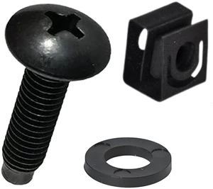 Black 10-32 Slide-on Cage Nut & Screws w/Washers | 25-Pack | 25-pack of 10-32 combo kit Slide-on cage nuts for unthreaded rails Black oxide screws with protective washers Made in USA Black 10-32 Slide-on Cage Nut & Screws w/Washers | 25-Pack | 25-pack of 10-32 combo kit Slide-on cage nuts for unthreaded rails Black oxide screws with protective washers Made in USA