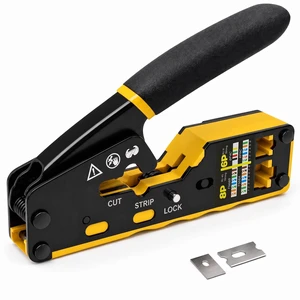 Pass Through RJ45 Crimp Tool for Cat6 Cat5e Cat6a Connector | All-in-One Ethernet Crimper Wire Stripper Cutter with Wiring Guide & 2 Spare Blades Pass Through RJ45 Crimp Tool for Cat6 Cat5e Cat6a Connector | All-in-One Ethernet Crimper Wire Stripper Cutter with Wiring Guide & 2 Spare Blades