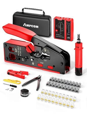 10-in-1 RJ45 Crimp Tool Kit Pass Through Ethernet with Tester | 110 punch down tool, 20 gold Cat6 pass-through plugs, cable tester, waterproof case, 2 spare blades 10-in-1 RJ45 Crimp Tool Kit Pass Through Ethernet with Tester | 110 punch down tool, 20 gold Cat6 pass-through plugs, cable tester, waterproof case, 2 spare blades