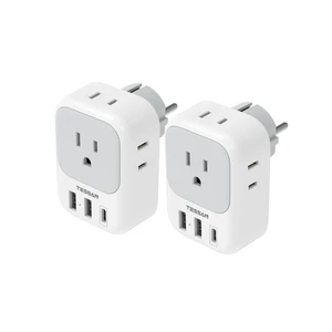 2 Pack Type E F Plug Adapter, Schuko Plug | 3 USB Charger, 4 Outlets, Germany France Power Travel Adaptor