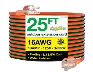 Go Green Power Inc. 16/3 25ft Outdoor Extension Cord with Lighted End - Contractor Grade, Durable, and Moisture Resistant - Ideal for Heavy Duty Tools - GG-13725 Go Green Power Inc. 16/3 25ft Outdoor Extension Cord with Lighted End - Contractor Grade, Durable, and Moisture Resistant - Ideal for Heavy Duty Tools - GG-13725