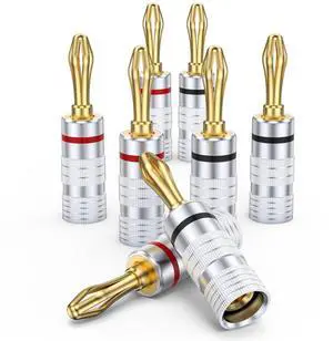 Banana Plugs for Speaker Wire (4 Pairs/8 pcs), Brass Speaker Connectors with Dual Set Screws, Black and Red Shell Banana Plugs for Home Theater, A/V Receiver, Amplifiers and Sound Systems Banana Plugs for Speaker Wire (4 Pairs/8 pcs), Brass Speaker Connectors with Dual Set Screws, Black and Red Shell Banana Plugs for Home Theater, A/V Receiver, Amplifiers and Sound Systems