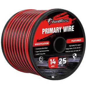 14 Gauge Wire, 14AWG 25FT Automotive Electrical Wire, 2 Conductor Red Black Primary Cable, Copper Clad Aluminum Wire for LED Light Strips, Car Audio, Speakers,12V/24V DC 14 Gauge Wire, 14AWG 25FT Automotive Electrical Wire, 2 Conductor Red Black Primary Cable, Copper Clad Aluminum Wire for LED Light Strips, Car Audio, Speakers,12V/24V DC