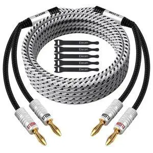 14 AWG Speaker Cable Wire 8 Feet with Gold-Plated Banana Tip Plugs-CL2 Rated-in Wall-Heavy Duty Nylon Braided, Oxygen-Free Copper (OFC)-White-with 5 Cable Ties 14 AWG Speaker Cable Wire 8 Feet with Gold-Plated Banana Tip Plugs-CL2 Rated-in Wall-Heavy Duty Nylon Braided, Oxygen-Free Copper (OFC)-White-with 5 Cable Ties