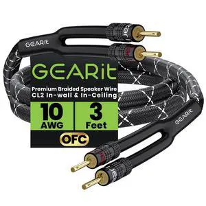 10AWG Speaker Cable Wire with Gold-Plated Banana Tip Plugs (3 Feet) in-Wall CL2 Rated, Heavy Duty Braided, 99.9% Oxygen-Free Copper (OFC) - Black 10AWG Speaker Cable Wire with Gold-Plated Banana Tip Plugs (3 Feet) in-Wall CL2 Rated, Heavy Duty Braided, 99.9% Oxygen-Free Copper (OFC) - Black