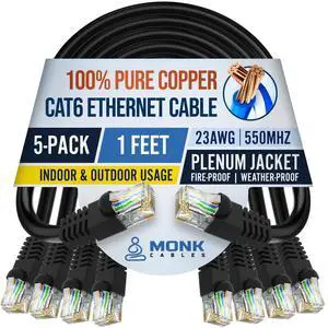| CAT6 Ethernet Cable | 100% Pure Copper | Pack of 5 | Plenum Rated | UTP, 23AWG, 550MHz | DSX-8000 Certified | Most Certified Cable of The Whole Market (Black, 1ft) | CAT6 Ethernet Cable | 100% Pure Copper | Pack of 5 | Plenum Rated | UTP, 23AWG, 550MHz | DSX-8000 Certified | Most Certified Cable of The Whole Market (Black, 1ft)