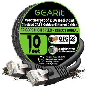 Cat6 Outdoor Ethernet Cable (10ft) 23AWG Pure Copper, FTP, LLDPE, Waterproof, Direct Burial, In-Ground, UV Resistant, POE, Network, LAN, Internet, Cat 6, Cat6 Cable - 10 Feet Cat6 Outdoor Ethernet Cable (10ft) 23AWG Pure Copper, FTP, LLDPE, Waterproof, Direct Burial, In-Ground, UV Resistant, POE, Network, LAN, Internet, Cat 6, Cat6 Cable - 10 Feet