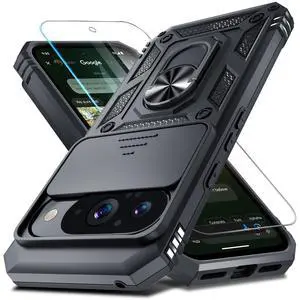 Case Compatible with Google Pixel 10/10 Pro Built in Slide Camera Lens Cover+Screen Protector+Finger Ring Holder Kickstand,Heavy Duty Shockproof Full Body Protective Phone Cover,Black Case Compatible with Google Pixel 10/10 Pro Built in Slide Camera Lens Cover+Screen Protector+Finger Ring Holder Kickstand,Heavy Duty Shockproof Full Body Protective Phone Cover,Black