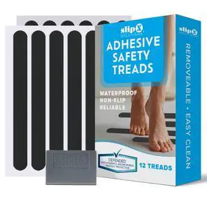 Adhesive Anti-Slip Safety Treads, Non Slip Shower Stickers, Reliable Grip for Bathtubs, Showers, Pools, Boats, Stairs & More, Safety Stickers (12 Pack, 7.5 x 0.75, Black) Adhesive Anti-Slip Safety Treads, Non Slip Shower Stickers, Reliable Grip for Bathtubs, Showers, Pools, Boats, Stairs & More, Safety Stickers (12 Pack, 7.5 x 0.75, Black)