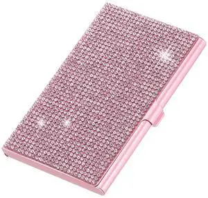 Small Business Card Holder, Alloy Name Card Holder Bling Pocket Card Holders Organizer Cards Display for Women Office Exhibition, Pink Small Business Card Holder, Alloy Name Card Holder Bling Pocket Card Holders Organizer Cards Display for Women Office Exhibition, Pink