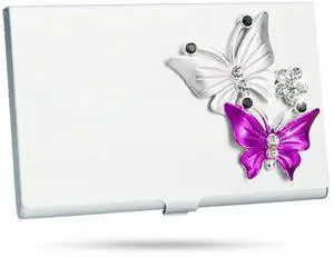 Small Business Card Holder for Women with Bling Butterfly Rhinestones, 10-20 Pocket Cards Holders, Alloy Business Card Case, Slim Business Card Organizer (Silvery) Small Business Card Holder for Women with Bling Butterfly Rhinestones, 10-20 Pocket Cards Holders, Alloy Business Card Case, Slim Business Card Organizer (Silvery)