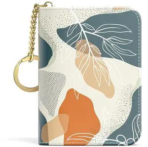 Credit Card Holder, Small RFID Wallet Slim Leather Card Organizer Case with Zipper and Keychain, Abstract Boho Leaves Credit Card Holder, Small RFID Wallet Slim Leather Card Organizer Case with Zipper and Keychain, Abstract Boho Leaves