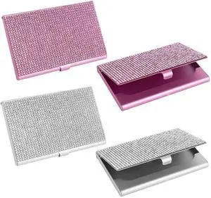 , 2 Pack Bling Rhinestone Business Card Holders Portable Metal Pocket Name Cards Case for Women (Silver, Pink) , 2 Pack Bling Rhinestone Business Card Holders Portable Metal Pocket Name Cards Case for Women (Silver, Pink)