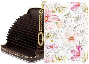 Credit Card Holder for Women, Small Slim RFID Card Organizer Wallet with Zipper and Keychain, Elegant Floral Credit Card Holder for Women, Small Slim RFID Card Organizer Wallet with Zipper and Keychain, Elegant Floral