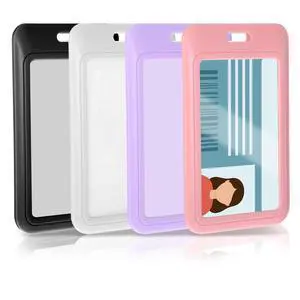 4 Pack Sliding ID Badge Holders, Heavy Duty Hard Plastic Vertical Card Protectors with Clear Window, Waterproof Cute ID Card Holders for Lanyard Fits Office, School, Nurses, Teachers (4 Colors) 4 Pack Sliding ID Badge Holders, Heavy Duty Hard Plastic Vertical Card Protectors with Clear Window, Waterproof Cute ID Card Holders for Lanyard Fits Office, School, Nurses, Teachers (4 Colors)