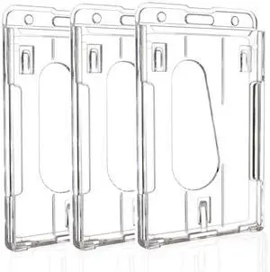 Hard Plastic Badge Holder, FadyRaye Clear ID Badge Name Card Holder with Easy Access Thumb Slot, Transparent PC Case for Office School IDs, Driver's Licenses and Passes, Vertical Style, 3 Pack Hard Plastic Badge Holder, FadyRaye Clear ID Badge Name Card Holder with Easy Access Thumb Slot, Transparent PC Case for Office School IDs, Driver's Licenses and Passes, Vertical Style, 3 Pack