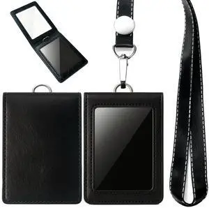 PU Leather Badge Holder with Lanyard, Flip Cover ID Card Holder with Hook-and-Loop Closure, Two Slots Badge Protector fits for Office, School, Access Card, Includes Nylon Lanyard - Black PU Leather Badge Holder with Lanyard, Flip Cover ID Card Holder with Hook-and-Loop Closure, Two Slots Badge Protector fits for Office, School, Access Card, Includes Nylon Lanyard - Black