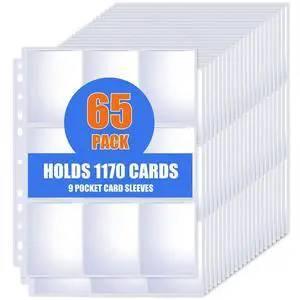 65 Pack 9 Pocket Card Sleeves Binder Sheets, Trading Card Sleeves for 3 Ring Binder, Holds 1170 Cards, Card Holder Binder Pages Protectors Fit for MTG, TCG, Baseball, Football, Game, Business Cards 65 Pack 9 Pocket Card Sleeves Binder Sheets, Trading Card Sleeves for 3 Ring Binder, Holds 1170 Cards, Card Holder Binder Pages Protectors Fit for MTG, TCG, Baseball, Football, Game, Business Cards