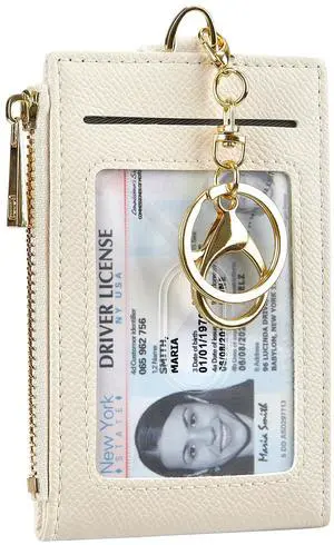 Women Leather RFID Blocking Card Holder Slim Small Zipper Keychain Front Pocket Wallet with 2 ID Window, beige Women Leather RFID Blocking Card Holder Slim Small Zipper Keychain Front Pocket Wallet with 2 ID Window, beige