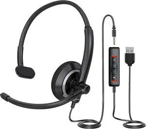 Single Ear USB Headset with Microphone for PC - Adjustable Lightweight Computer Headset with Mic for Call Center, Office, 3.5mm & USB Compatible Headphone with Mic Single Ear USB Headset with Microphone for PC - Adjustable Lightweight Computer Headset with Mic for Call Center, Office, 3.5mm & USB Compatible Headphone with Mic