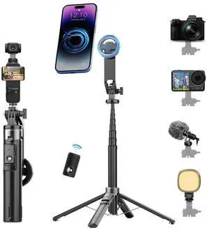 Magnetic Phone Tripod 53" Portable Selfie Stick for iPhone MagSafe GoPro Action Cameras with Rechargeable Remote Compatible with Android Travel Vlogging Live Streaming Content Creators Magnetic Phone Tripod 53" Portable Selfie Stick for iPhone MagSafe GoPro Action Cameras with Rechargeable Remote Compatible with Android Travel Vlogging Live Streaming Content Creators