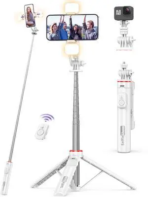 Selfie Stick Tripod with 2 Light, 3 Light Modes & 6 Brightness Levels Extendable Phone Tripod with Detachable Remote & Phone Holder, Portable Camera Tripod Compatible with iphone16 15 14 13/Android Selfie Stick Tripod with 2 Light, 3 Light Modes & 6 Brightness Levels Extendable Phone Tripod with Detachable Remote & Phone Holder, Portable Camera Tripod Compatible with iphone16 15 14 13/Android