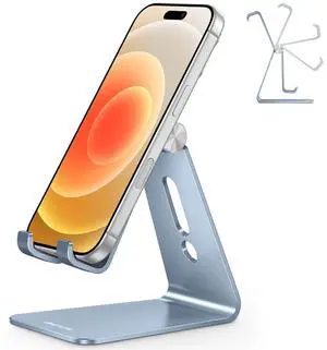Adjustable Cell Phone Stand, Aluminum Desktop Cellphone Stand with Anti-Slip Base and Convenient Charging Port, Fits All Smart Phones, Light Blue Adjustable Cell Phone Stand, Aluminum Desktop Cellphone Stand with Anti-Slip Base and Convenient Charging Port, Fits All Smart Phones, Light Blue