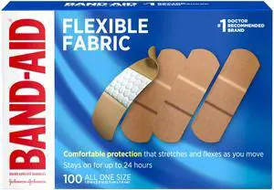 Brand Flexible Fabric Adhesive Bandages, Comfortable Sterile Wound Care and Flexible Protection for Minor Cuts, Scrapes & Burns, A Must for First Aid Kits, Non-Stick Pad, One Size, 100 Count Brand Flexible Fabric Adhesive Bandages, Comfortable Sterile Wound Care and Flexible Protection for Minor Cuts, Scrapes & Burns, A Must for First Aid Kits, Non-Stick Pad, One Size, 100 Count