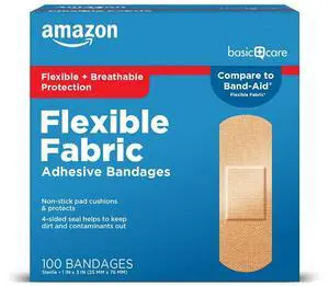 Flexible Fabric Adhesive Bandages, First Aid for Wounds and Scrapes, Breathable with Non-Stick Pad, Latex Free, 100 Count Flexible Fabric Adhesive Bandages, First Aid for Wounds and Scrapes, Breathable with Non-Stick Pad, Latex Free, 100 Count