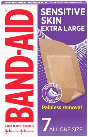 Brand Adhesive Bandages for Sensitive Skin, Hypoallergenic First Aid Bandages with Painless Removal, Stays on When Wet & Suitable for Eczema Prone Skin, Extra Large Size, 7 ct Brand Adhesive Bandages for Sensitive Skin, Hypoallergenic First Aid Bandages with Painless Removal, Stays on When Wet & Suitable for Eczema Prone Skin, Extra Large Size, 7 ct