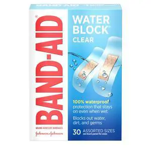 Brand Water Block Clear Waterproof Sterile Adhesive Bandages for First-Aid Wound Care of Minor Cuts and Scrapes, Assorted Sizes, 30 ct Brand Water Block Clear Waterproof Sterile Adhesive Bandages for First-Aid Wound Care of Minor Cuts and Scrapes, Assorted Sizes, 30 ct