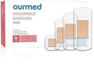 Waterproof Bandages, Clear Adhesive Bandages for First-Aid, Wound Care, Fingers, Knees and Heels, Stays on Skin in The Bath, Shower or Pool, Assorted Sizes, 50 Count Waterproof Bandages, Clear Adhesive Bandages for First-Aid, Wound Care, Fingers, Knees and Heels, Stays on Skin in The Bath, Shower or Pool, Assorted Sizes, 50 Count