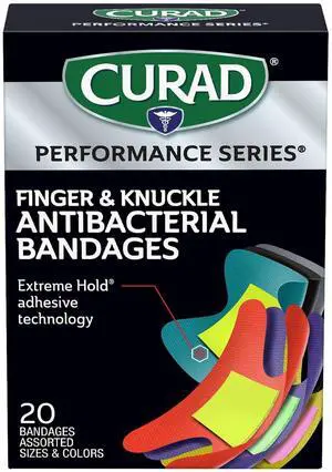Performance Series Fingertip and Knuckle Antibacterial Bandages, Extreme Hold Adhesive Technology, Fabric Bandages, 20 Count Performance Series Fingertip and Knuckle Antibacterial Bandages, Extreme Hold Adhesive Technology, Fabric Bandages, 20 Count