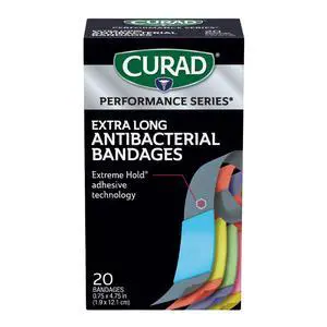 Performance Series Antibacterial Bandages, Extreme Hold Adhesive Technology, Extra Long Flexible Fabric Bandages for Cuts, Scrapes, & Burns, Assorted Colors, 0.75 x 4.75 inches, 20 Count Performance Series Antibacterial Bandages, Extreme Hold Adhesive Technology, Extra Long Flexible Fabric Bandages for Cuts, Scrapes, & Burns, Assorted Colors, 0.75 x 4.75 inches, 20 Count