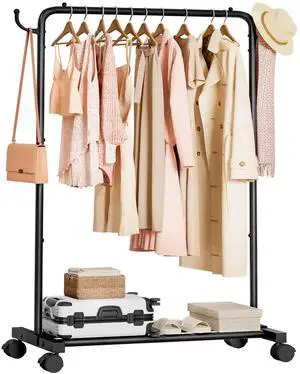 Rolling Clothes Rack with Hooks: Standing Garment Storage for Indoor - Hanging Rod for Bedroom Laundry Room - Coat Dress Organizer on Wheels with luggage shelf (Black, 31.5") Rolling Clothes Rack with Hooks: Standing Garment Storage for Indoor - Hanging Rod for Bedroom Laundry Room - Coat Dress Organizer on Wheels with luggage shelf (Black, 31.5")