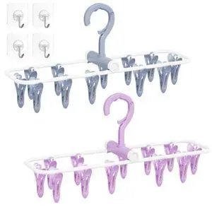 Clothes Drying Hanger with 12 Clips, 2 Pack Folding Portable Hanging Drying Rack,Drip Foldable Hanging Rack, 360° Rotatable Hook for Drying Towels Bras Baby Clothes Gloves Plastic(Blue&Purple) Clothes Drying Hanger with 12 Clips, 2 Pack Folding Portable Hanging Drying Rack,Drip Foldable Hanging Rack, 360° Rotatable Hook for Drying Towels Bras Baby Clothes Gloves Plastic(Blue&Purple)