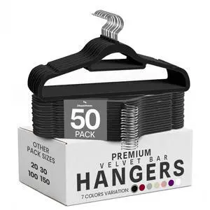 Premium Velvet Hangers 50 Pack - Non-Slip Clothes Hanger with Tie Bar - Black Hangers with 360 Degree Rotatable Hook - Heavy Duty Coat Hanger Premium Velvet Hangers 50 Pack - Non-Slip Clothes Hanger with Tie Bar - Black Hangers with 360 Degree Rotatable Hook - Heavy Duty Coat Hanger