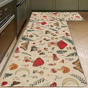 Rugs for Kitchen Floor 2PC Waterproof Non Slip Anti Fatigue Mushrooms Butterfly Farmhouse Padded Kitchen Mats Beige 17"x30"+17"x48" Rugs for Kitchen Floor 2PC Waterproof Non Slip Anti Fatigue Mushrooms Butterfly Farmhouse Padded Kitchen Mats Beige 17"x30"+17"x48"