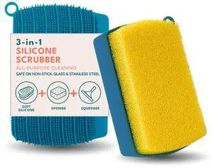 3-in-1 Silicone Scrubber Sponge with Squeegee Non-Scratch Kitchen Sponge for Dishes, Sink & Bathroom, Quick-Dry, Reusable Cleaning Tool (Teal +Yellow) 3-in-1 Silicone Scrubber Sponge with Squeegee Non-Scratch Kitchen Sponge for Dishes, Sink & Bathroom, Quick-Dry, Reusable Cleaning Tool (Teal +Yellow)
