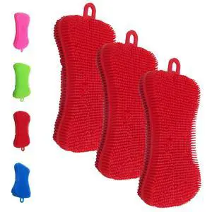 Silicone Dish Sponge - Dishwashing Kitchen Scrubber - Double Sided Sponge Brush - Multipurpose & Reusable Silicone Dish Sponges for Dishes, Fruits & Vegetables Cleaning - Red (3 Pack) Silicone Dish Sponge - Dishwashing Kitchen Scrubber - Double Sided Sponge Brush - Multipurpose & Reusable Silicone Dish Sponges for Dishes, Fruits & Vegetables Cleaning - Red (3 Pack)