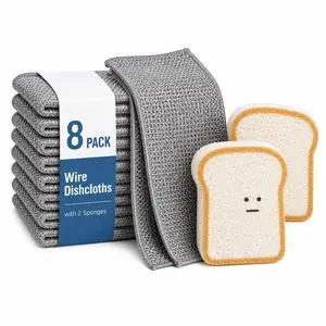 Non Scratch Wire Dishcloths 8 Pack with 2 Kitchen Sponges, Reusable Double Layer Wire Cleaning Cloths for Pots, Pans, Dishes, Sinks and Stove Tops Non Scratch Wire Dishcloths 8 Pack with 2 Kitchen Sponges, Reusable Double Layer Wire Cleaning Cloths for Pots, Pans, Dishes, Sinks and Stove Tops