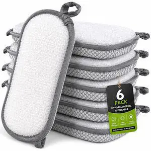 Sponges Kitchen Dish Dual-Sided Sponge for Washing Dishes Cleaning Kitchen, All-Purpose, 6 Pack, Non Scratch, Rough Scrubbers Side for Non-Stick Cookware, Soft Microfiber Scrub Side for Dishes Sponges Kitchen Dish Dual-Sided Sponge for Washing Dishes Cleaning Kitchen, All-Purpose, 6 Pack, Non Scratch, Rough Scrubbers Side for Non-Stick Cookware, Soft Microfiber Scrub Side for Dishes