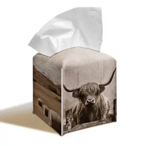 Highland Cow Tissue Box Cover, 5.2 Inch PU Leather Square Holder Highland Cow Tissue Box Cover, 5.2 Inch PU Leather Square Holder