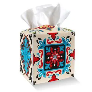 Tissue Box Cover Holder Square - Colorful Boho Floral PU Leather Tissue Box Cover with Bottom Belt, Facial Paper Dispenser for Tabletop, Bathroom, Kitchen, Car & Office -035 Tissue Box Cover Holder Square - Colorful Boho Floral PU Leather Tissue Box Cover with Bottom Belt, Facial Paper Dispenser for Tabletop, Bathroom, Kitchen, Car & Office -035