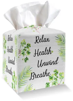 Relax Health Unwind Breathe Tissue Box Cover, Square Tissue Box Holder with Bottom Belt, PU Leather Decorative Facial Paper Organizer for Table Top, Bathroom, Car, Office-022 Relax Health Unwind Breathe Tissue Box Cover, Square Tissue Box Holder with Bottom Belt, PU Leather Decorative Facial Paper Organizer for Table Top, Bathroom, Car, Office-022