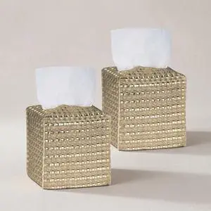 Tissue Box Cover 2-Pack, Square Tissue Holder with Bottom Belt, Modern Tissue Case Facial Paper Organizer Dispenser for Bathroom, Office, Home, Table, Car, Woven Pattern Golden Tissue Box Cover 2-Pack, Square Tissue Holder with Bottom Belt, Modern Tissue Case Facial Paper Organizer Dispenser for Bathroom, Office, Home, Table, Car, Woven Pattern Golden