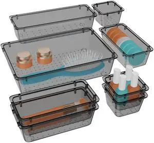8 PCS Clear Plastic Drawer Organizer Set, 4 Sizes Desk Drawer Organization and Storage Containers for Makeup, Cosmetics, Jewelry and Gadgets in Kitchen, Bathroom, Bedroom, Office, Clear Black 8 PCS Clear Plastic Drawer Organizer Set, 4 Sizes Desk Drawer Organization and Storage Containers for Makeup, Cosmetics, Jewelry and Gadgets in Kitchen, Bathroom, Bedroom, Office, Clear Black